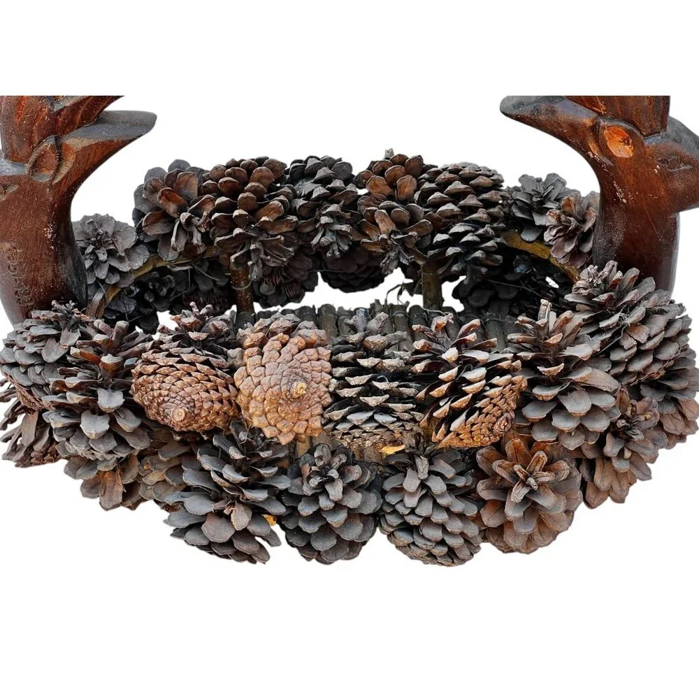 Pinecone Basket with Hand-Carved Wooden Deer Handle Dated 1994